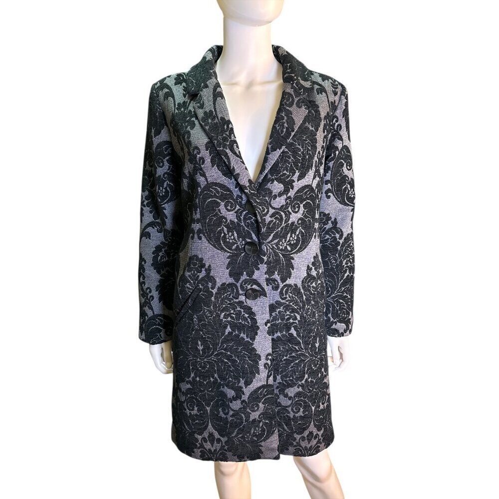 Soft Surroundings Regency Damask Black & Gray Jacquard Floral Long Coat XS EUC